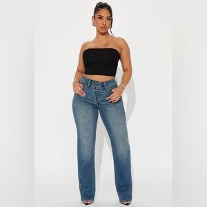 Fashion Nova In Sync Stretch Crossover Straight Leg Jeans - Dark Wash